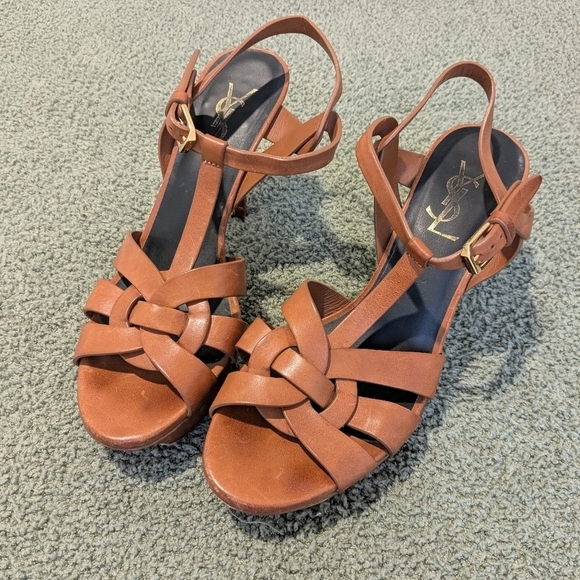 YSL Saint Laurent Brown Leather Tribute T-Strap Platform Stiletto Heels Size 7 - Picture 4 of 13